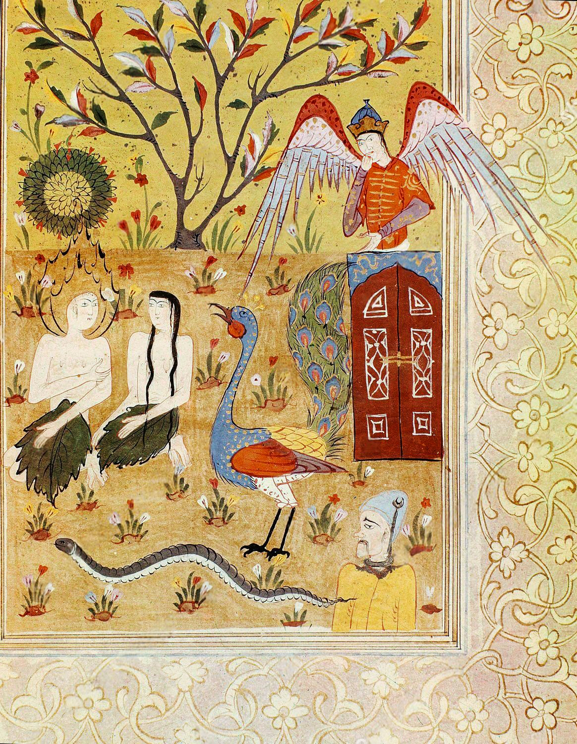 Adão e Eva no jardim, com serpente e anjo, em miniatura persa do século XVI, manuscrito do Palácio Topkapı.