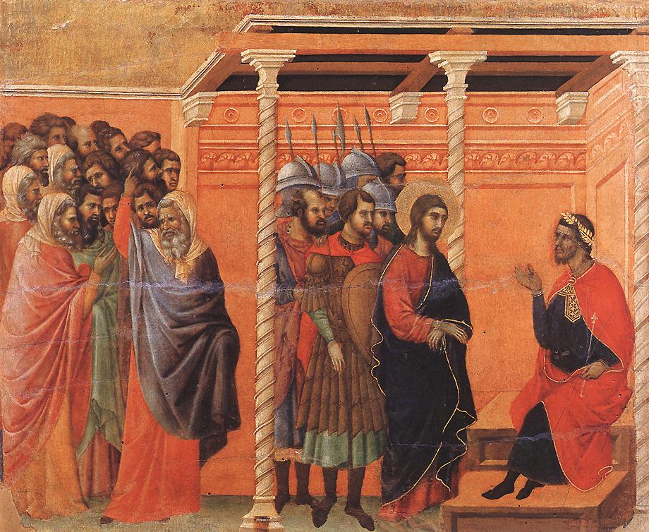 Jesus conduzido por soldados diante de Pilatos entronizado, em painel da Maestà de Duccio di Buoninsegna, século XIV.