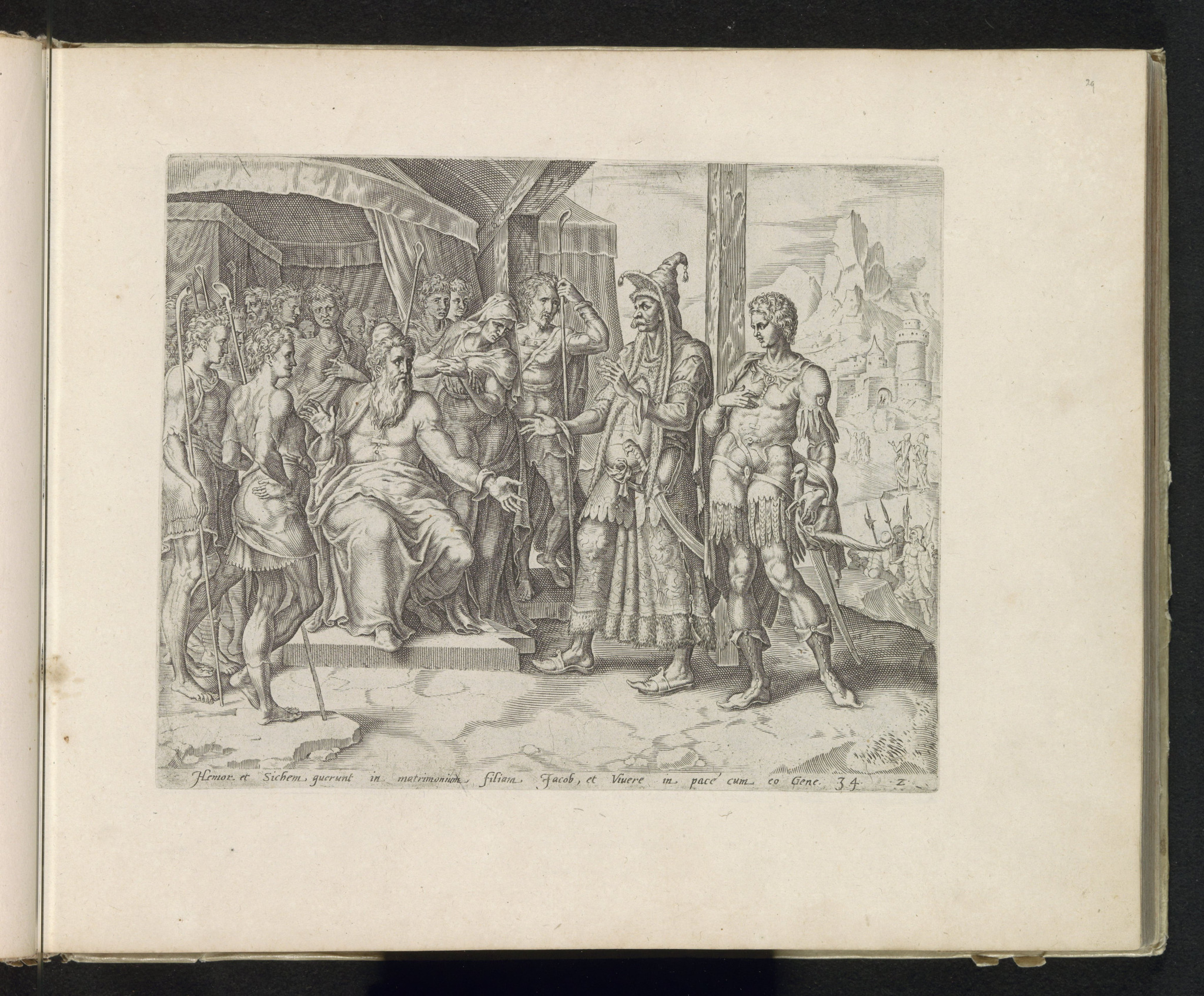 Hamor e Siquém apresentam-se a Jacó para negociar o casamento de Diná, gravura flamenga de 1585.