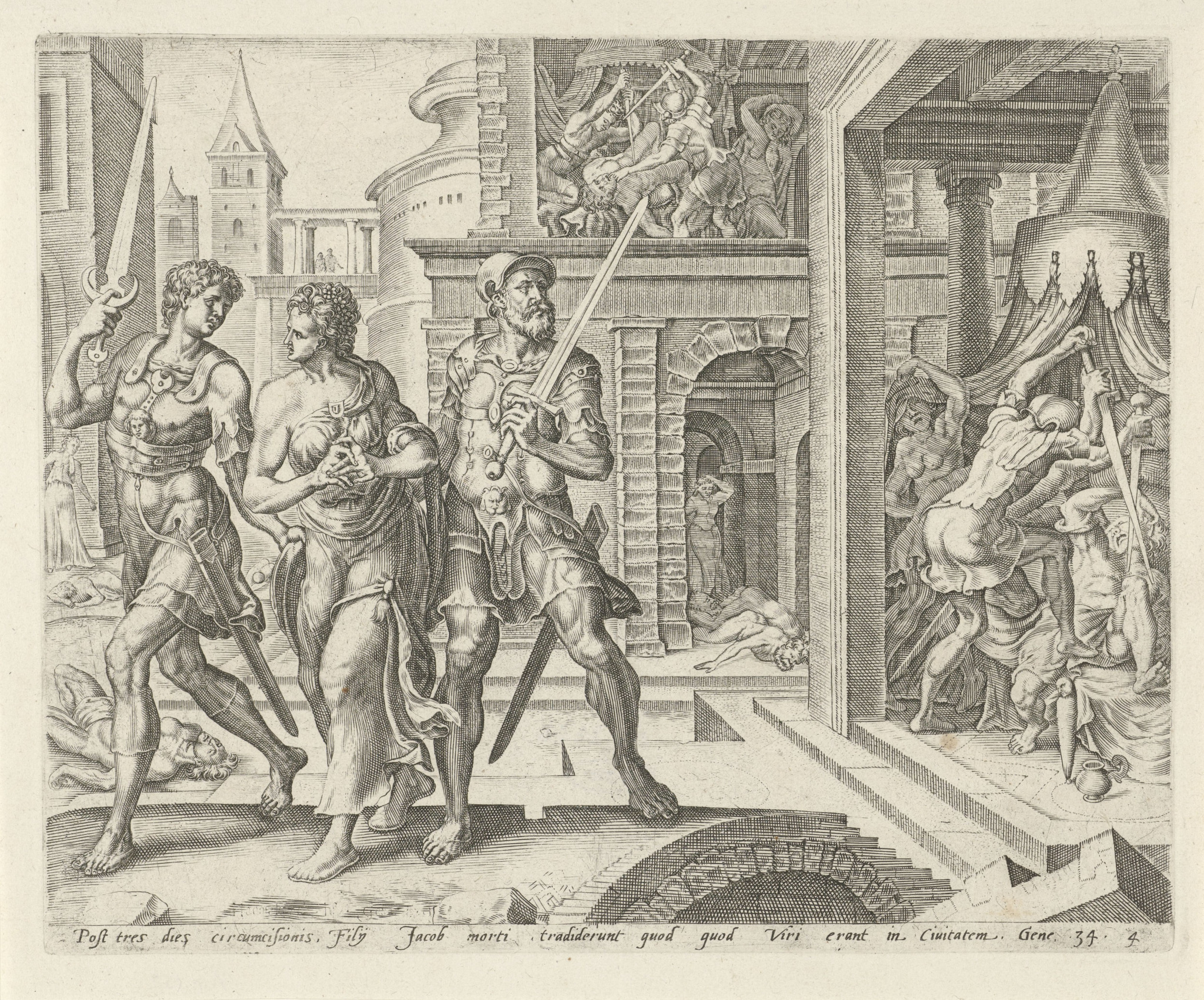 Simeão e Levi levam Diná de volta para casa, em gravura do século XVI sobre a história dos filhos de Jacó.