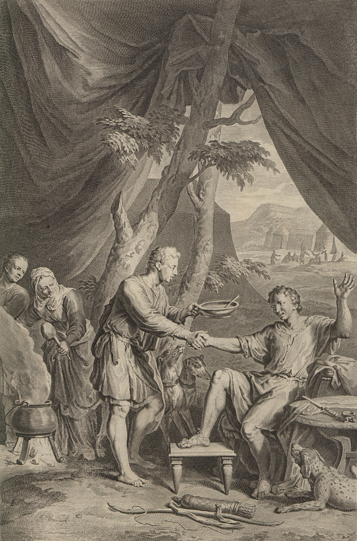 Esaú vende sua primogenitura a Jacó por um prato de lentilhas, em gravura de Gerard Hoet, 1728.