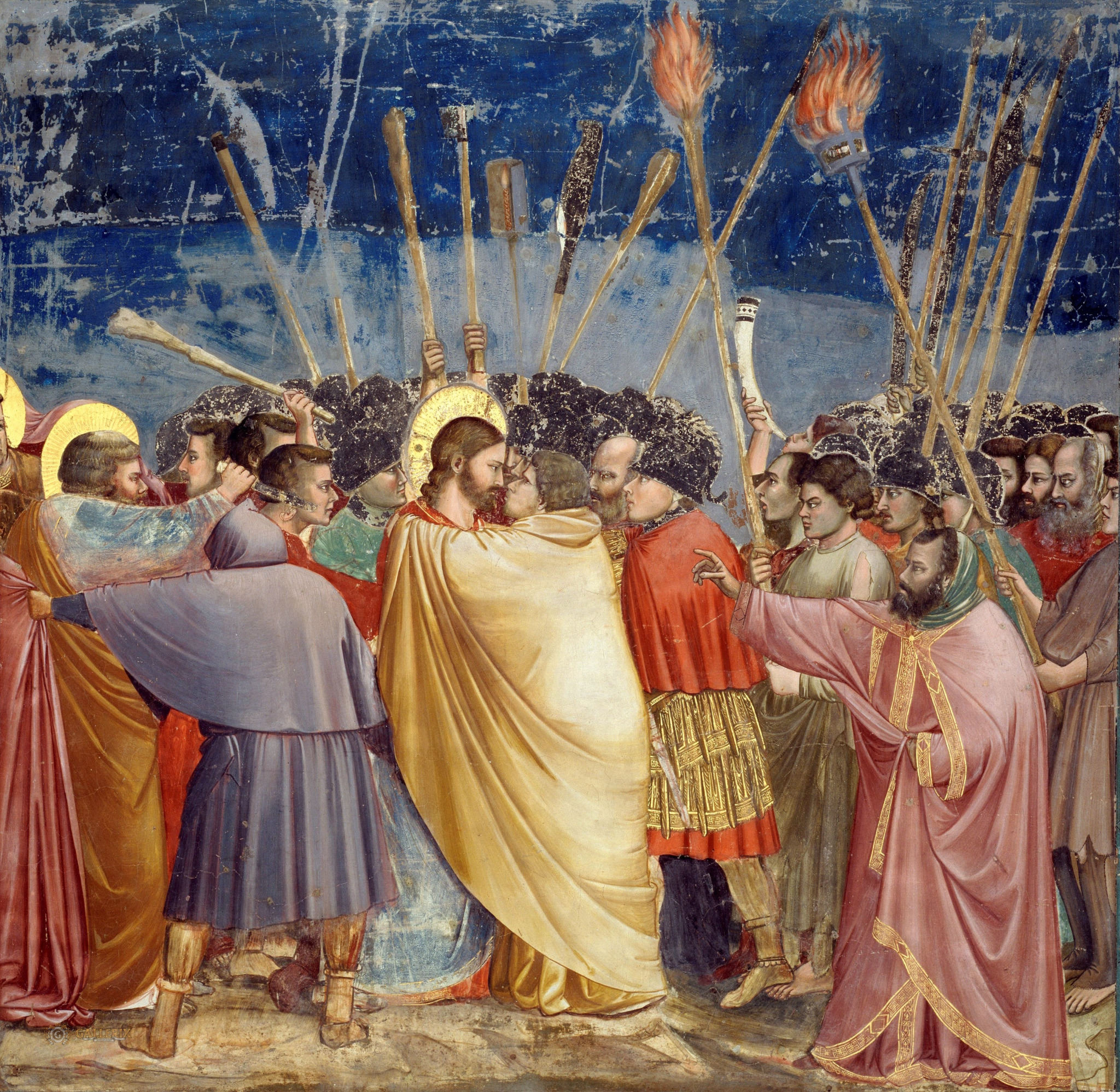 Dois homens frente a frente em meio a multidão armada, em afresco de Giotto representando o beijo de Judas a Jesus, século XIV.