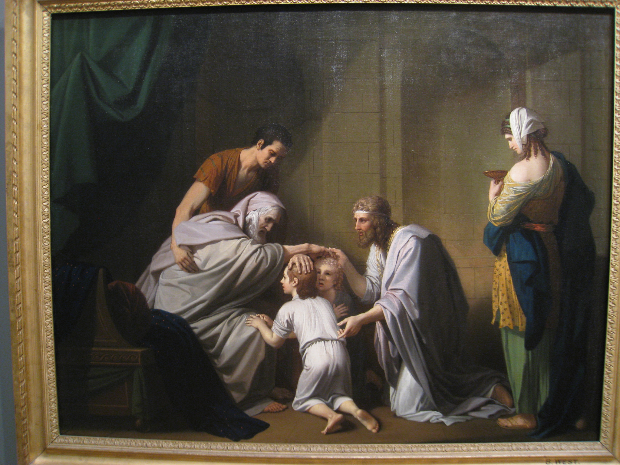 Jacó, deitado, impõe as mãos sobre Efraim e Manassés diante de José e Azenate, em óleo de Benjamin West (1766–68).