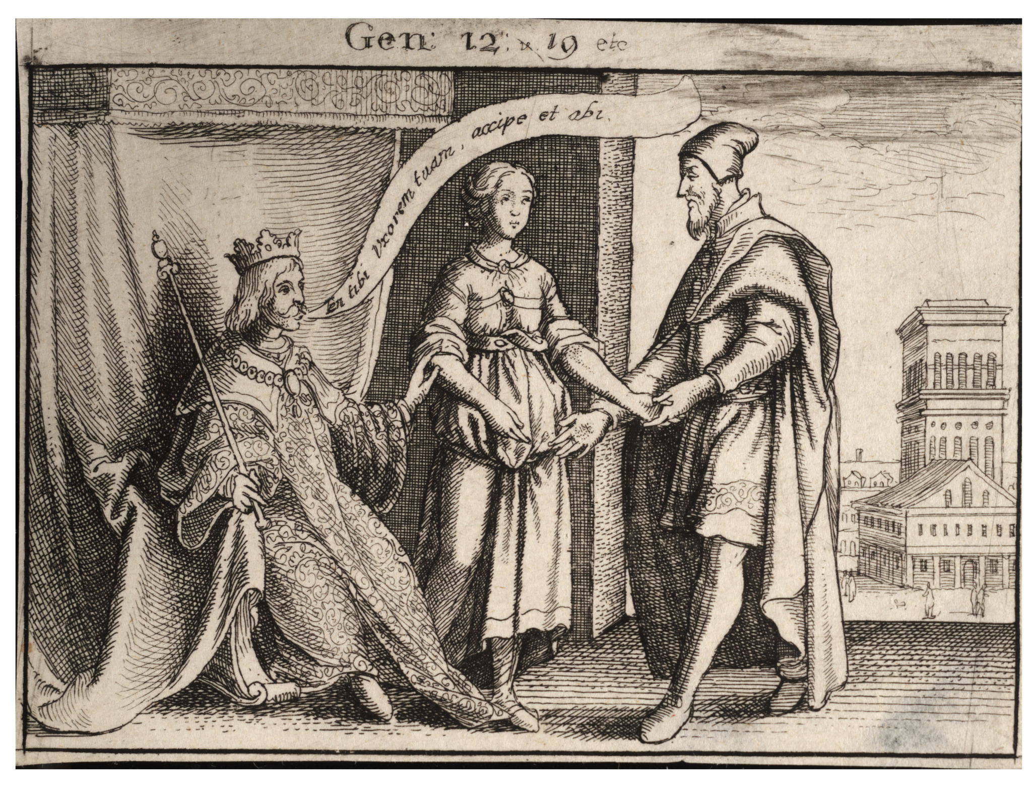 Sara é devolvida a Abraão pelo rei Abimeleque, em gravura de Wenceslaus Hollar sobre Gênesis 12 e 20.