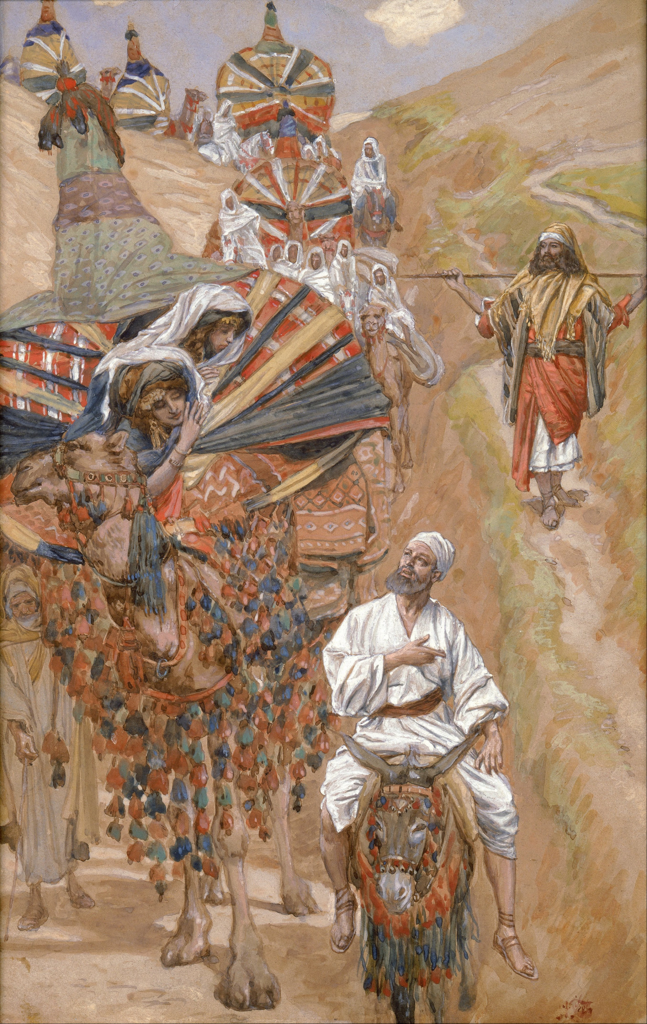 Rebeca avista Isaque no caminho ao chegar em caravana, em aquarela de James Tissot, fins do século XIX.