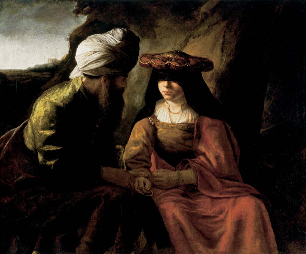 Cena de Judá e Tamar, dois personagens sentados em conversa, em pintura atribuída à escola de Rembrandt, século XVII.
