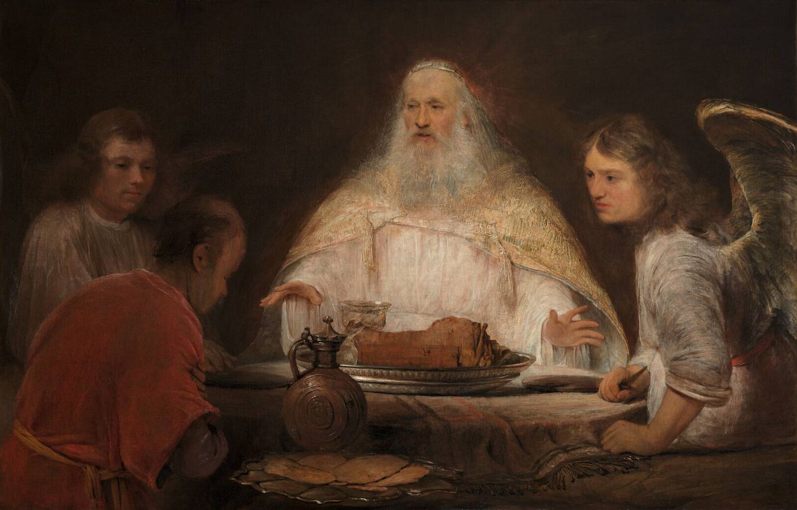 Abraão sentado à mesa com três anjos, em pintura do século XVII de Arent de Gelder, baseada em Gênesis 18.