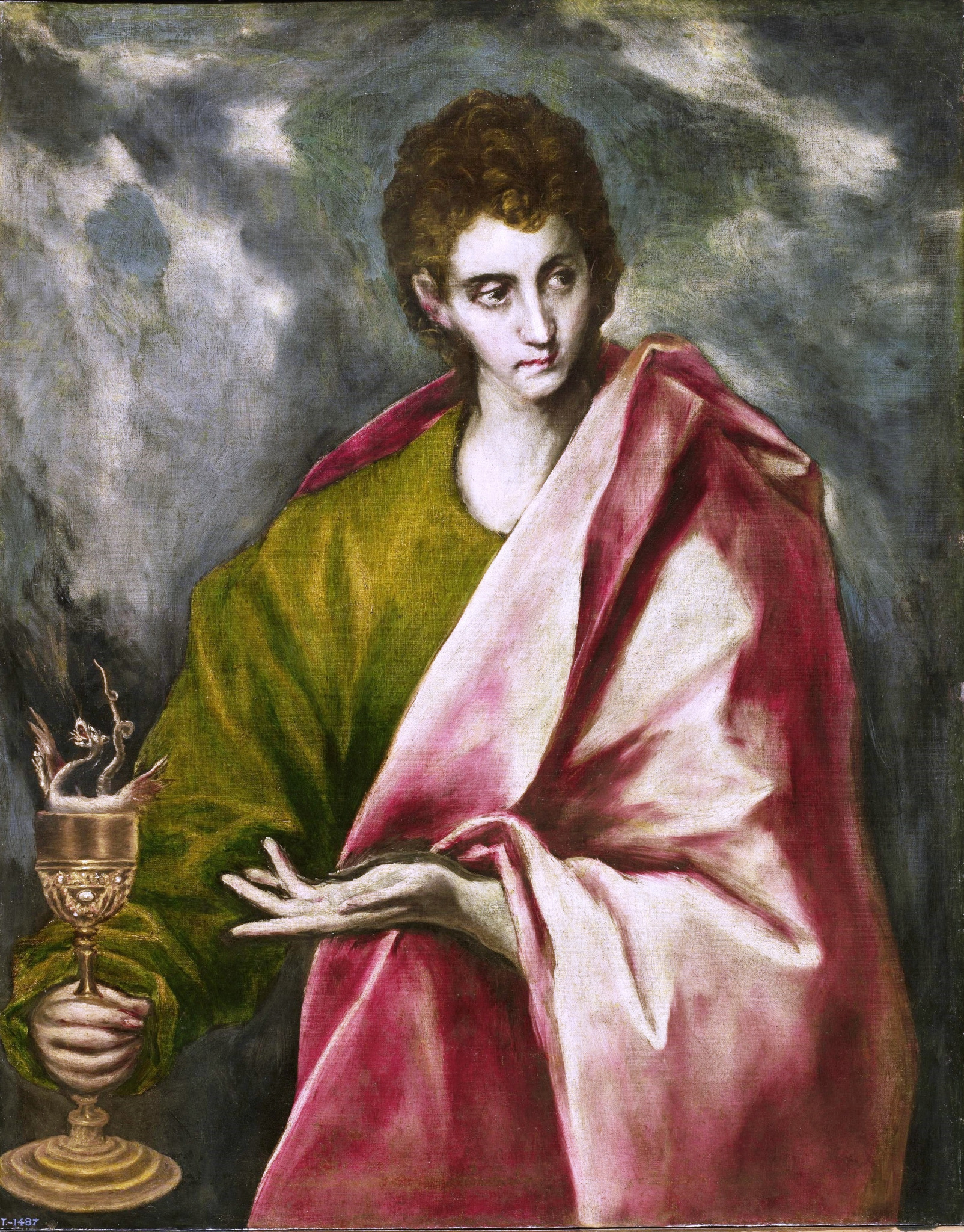 João Evangelista segurando cálice com serpente, em pintura de El Greco e ateliê, cerca de 1605.