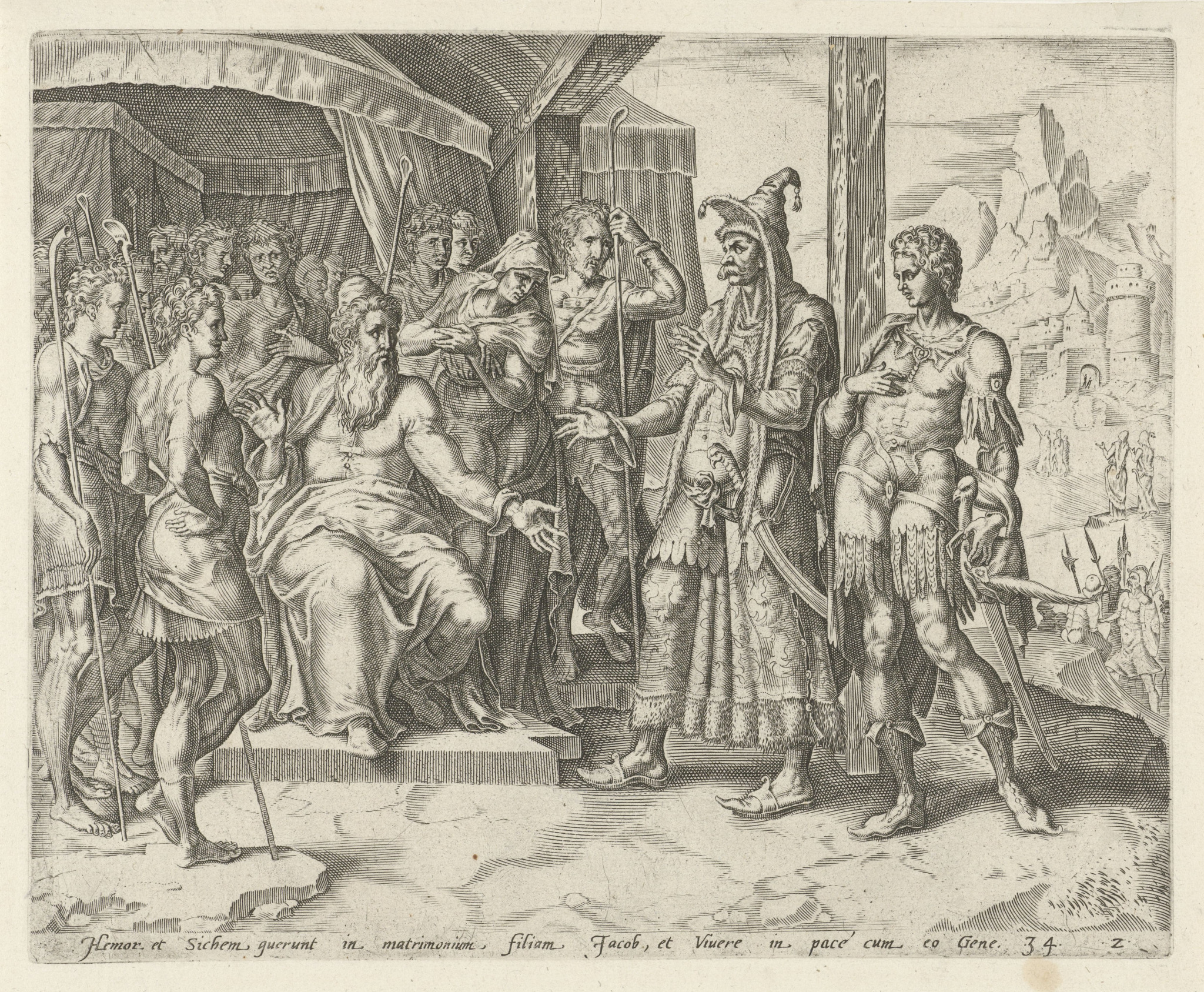 Hamor e Siquém negociam com Jacó o casamento de Diná, em gravura holandesa do século XVI baseada em Gênesis 34.
