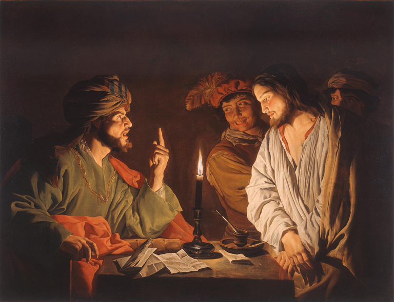 Cristo diante do sumo sacerdote Caifás, em pintura a óleo de Matthias Stom, década de 1630.