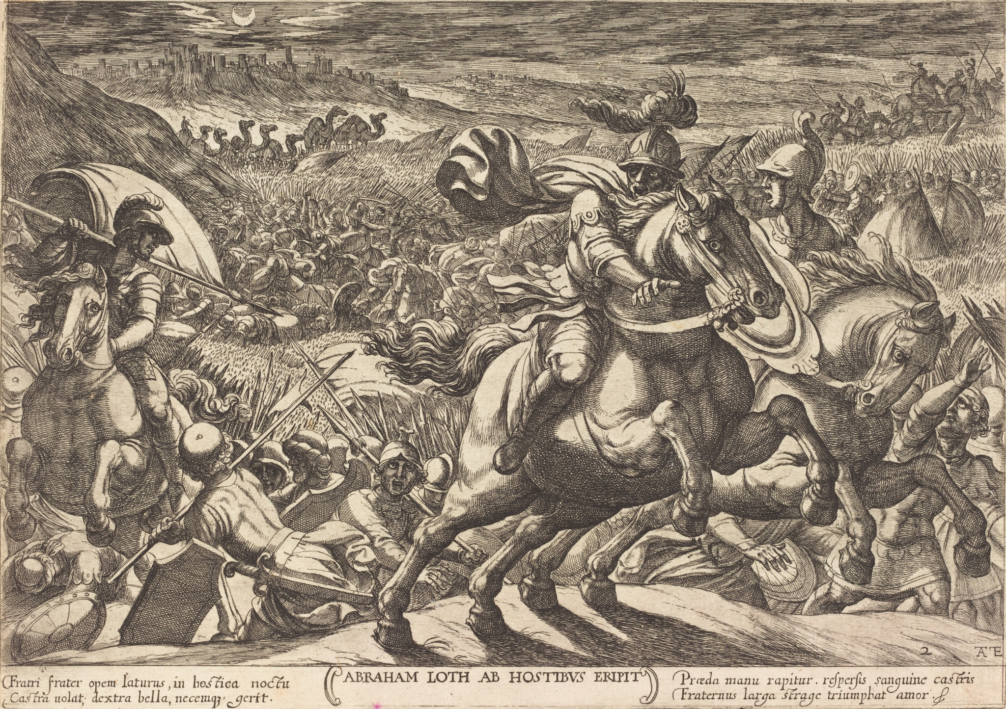Abraão em batalha para libertar Ló dos inimigos, gravura de Antonio Tempesta, 1613, baseada em Gênesis 14.