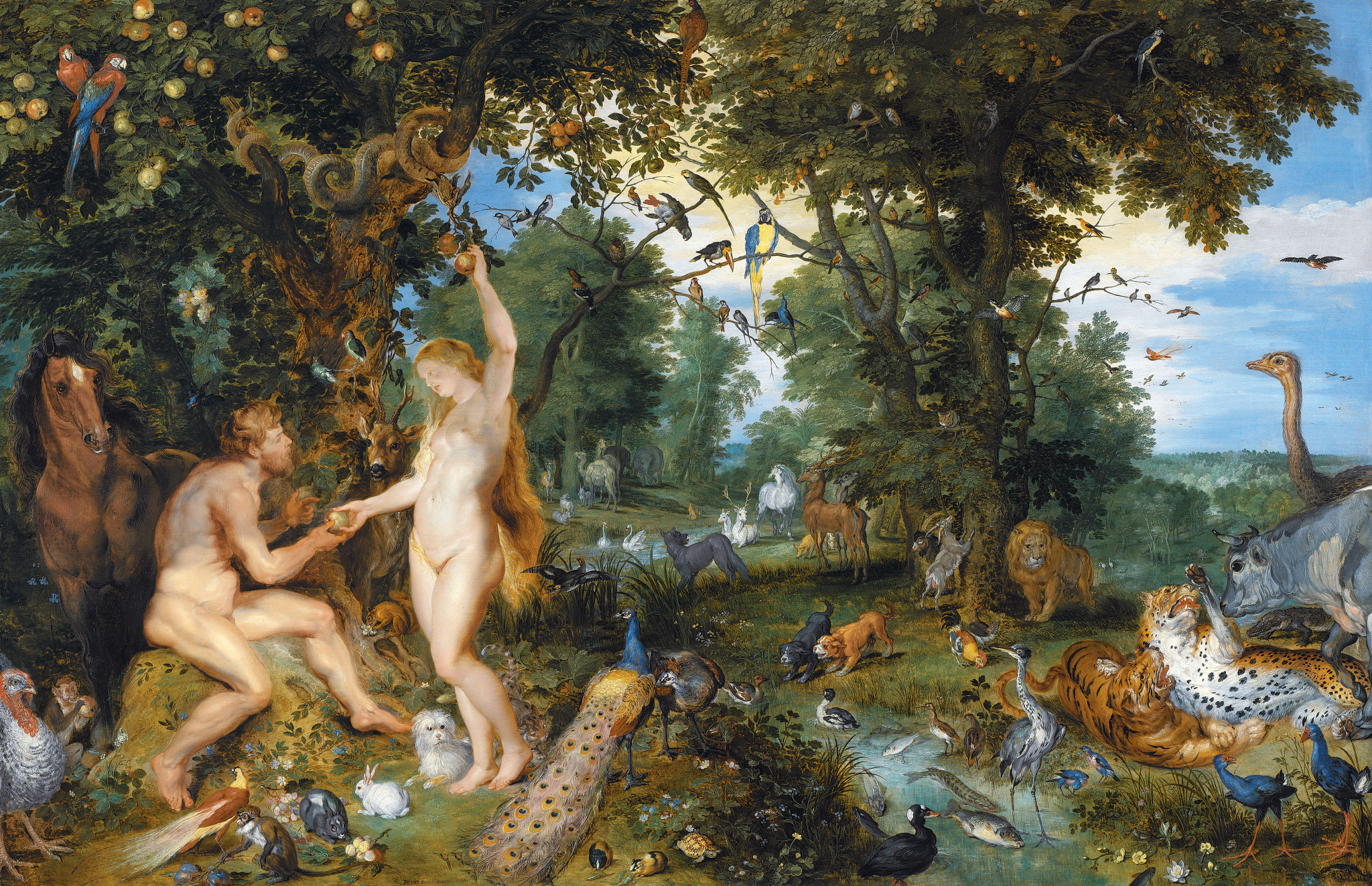 Adão e Eva no Jardim do Éden cercados por animais, com a serpente na árvore, em pintura de Rubens e Brueghel, 1615.