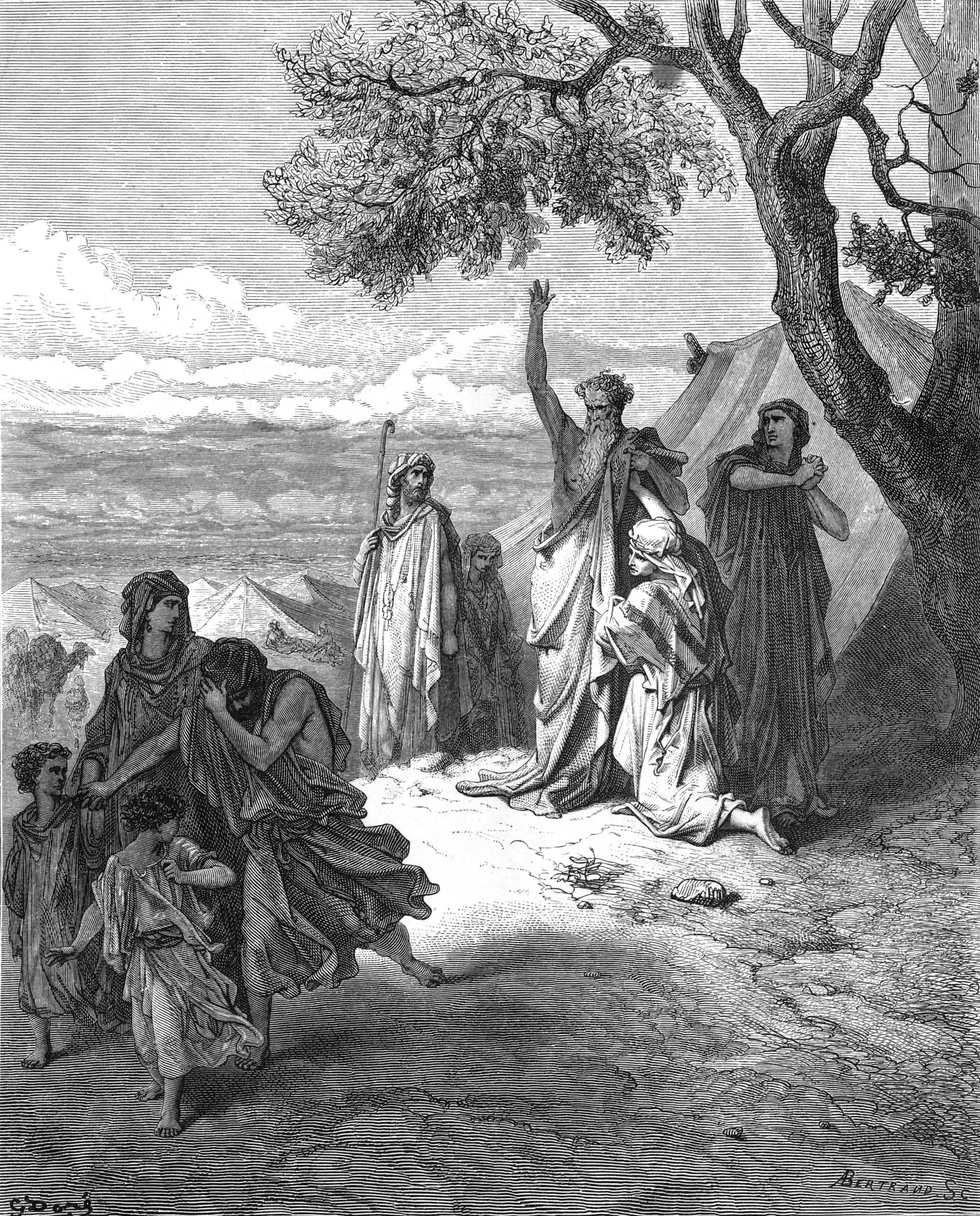 Noé, de braço erguido, amaldiçoa Cam diante dos filhos, em gravura de Gustave Doré, 1873.