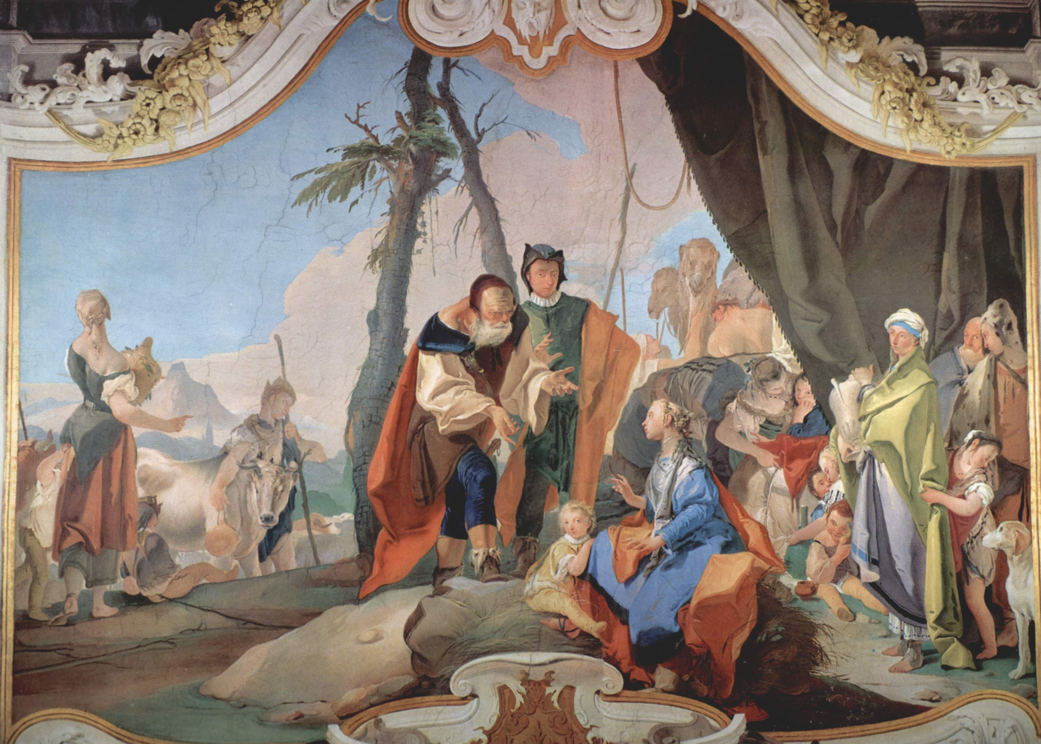 Raquel esconde os ídolos enquanto Labão interroga Jacó, em afresco de Tiepolo no Palácio Episcopal de Udine, século XVIII.