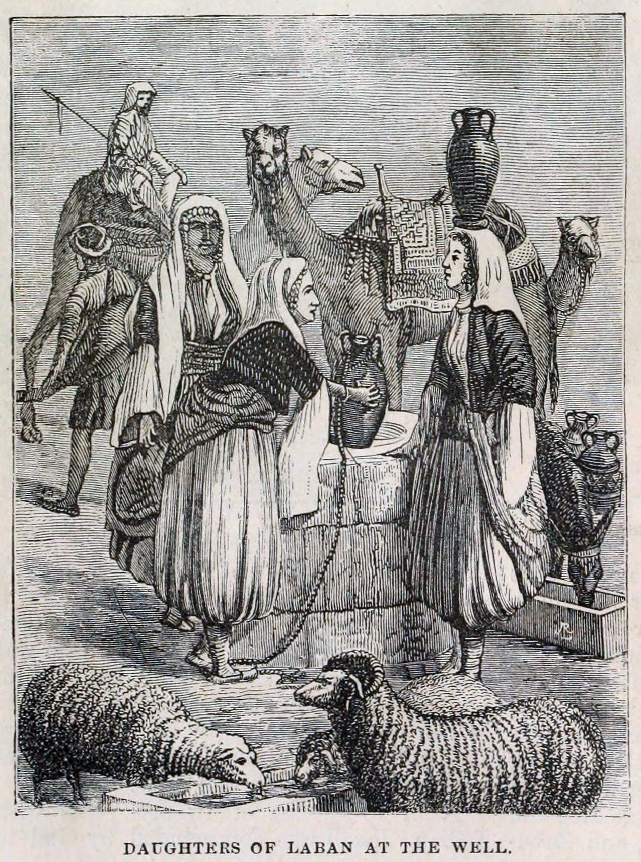 As filhas de Labão junto ao poço, com camelos e ovelhas ao redor, em gravura do século XIX.