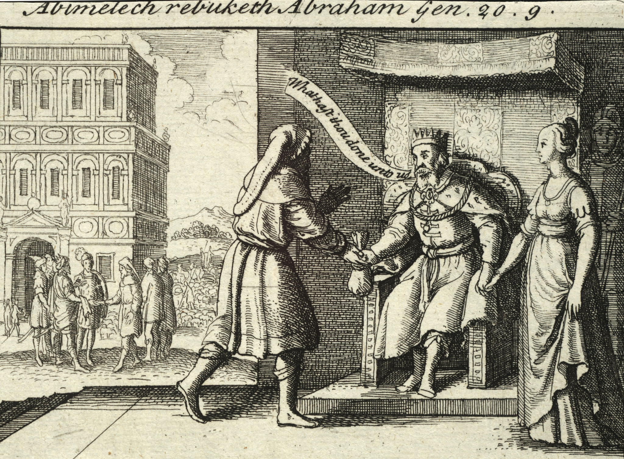 Abimeleque repreende Abraão diante de Sara, em gravura de Wenceslaus Hollar baseada em Gênesis 20.