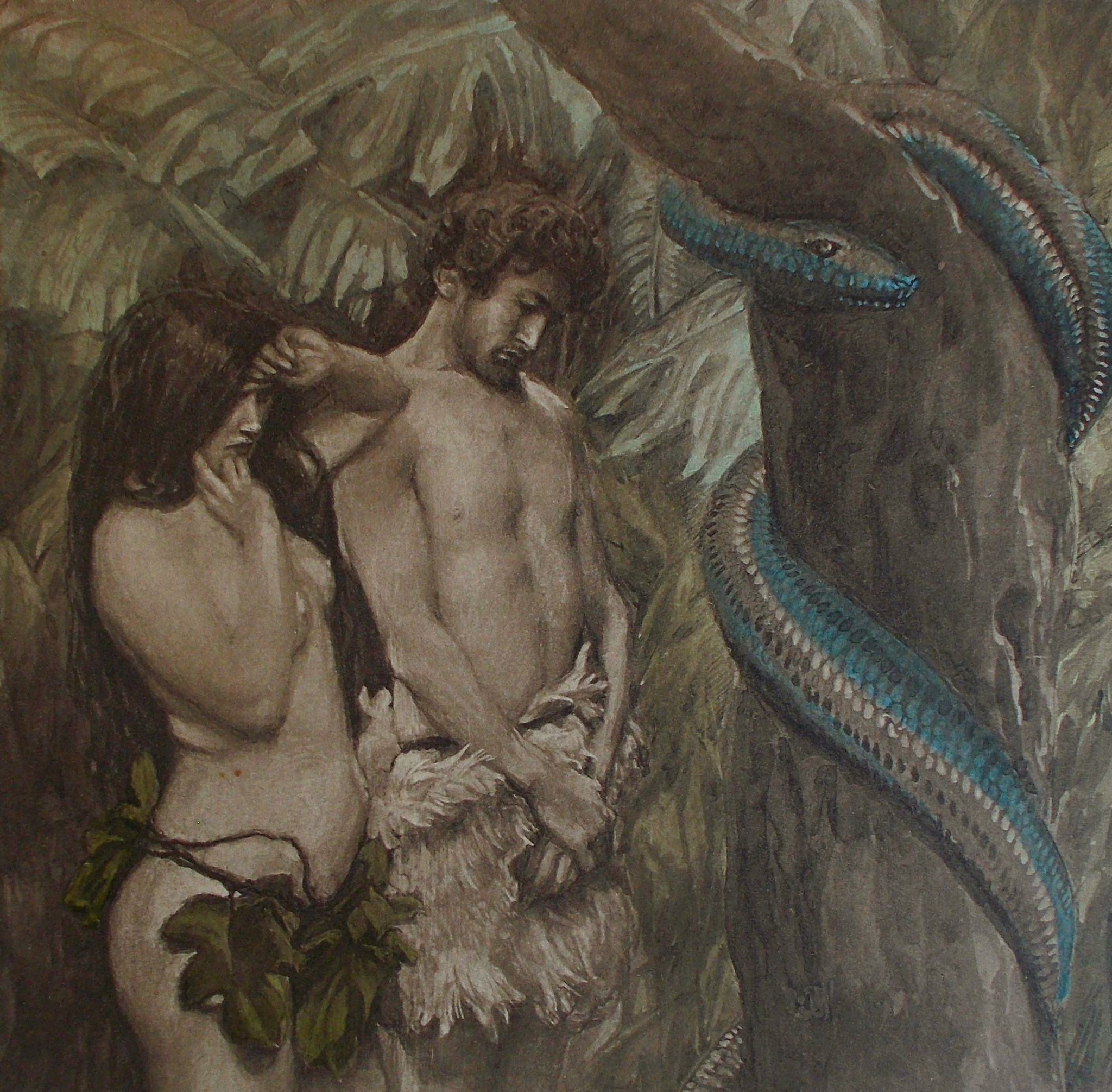 Adão e Eva no jardim com a serpente ao fundo, em pintura de James Tissot sobre o episódio de Gênesis 3.