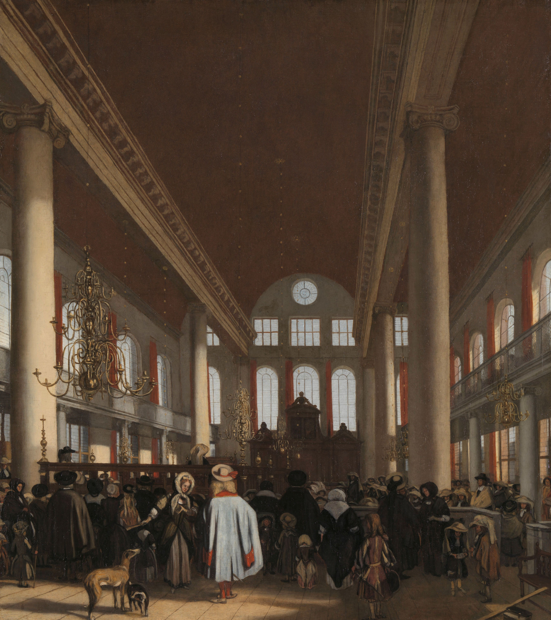 Interior da Sinagoga Portuguesa de Amsterdã com congregação reunida, pintado por Emanuel de Witte em 1680.