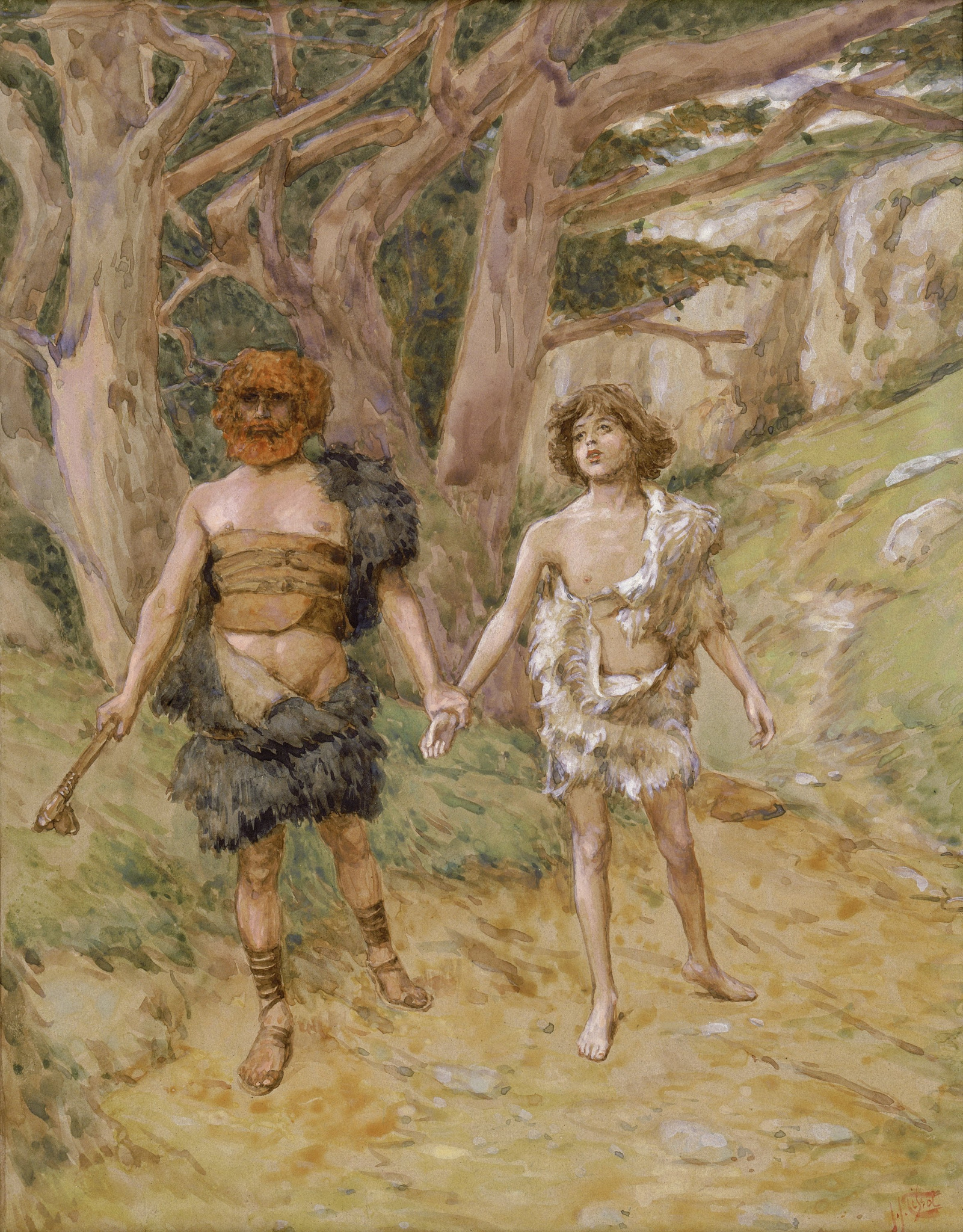 Caim conduzindo Abel pelo campo, momentos antes do assassinato, em aquarela de James Tissot, fim do século XIX.