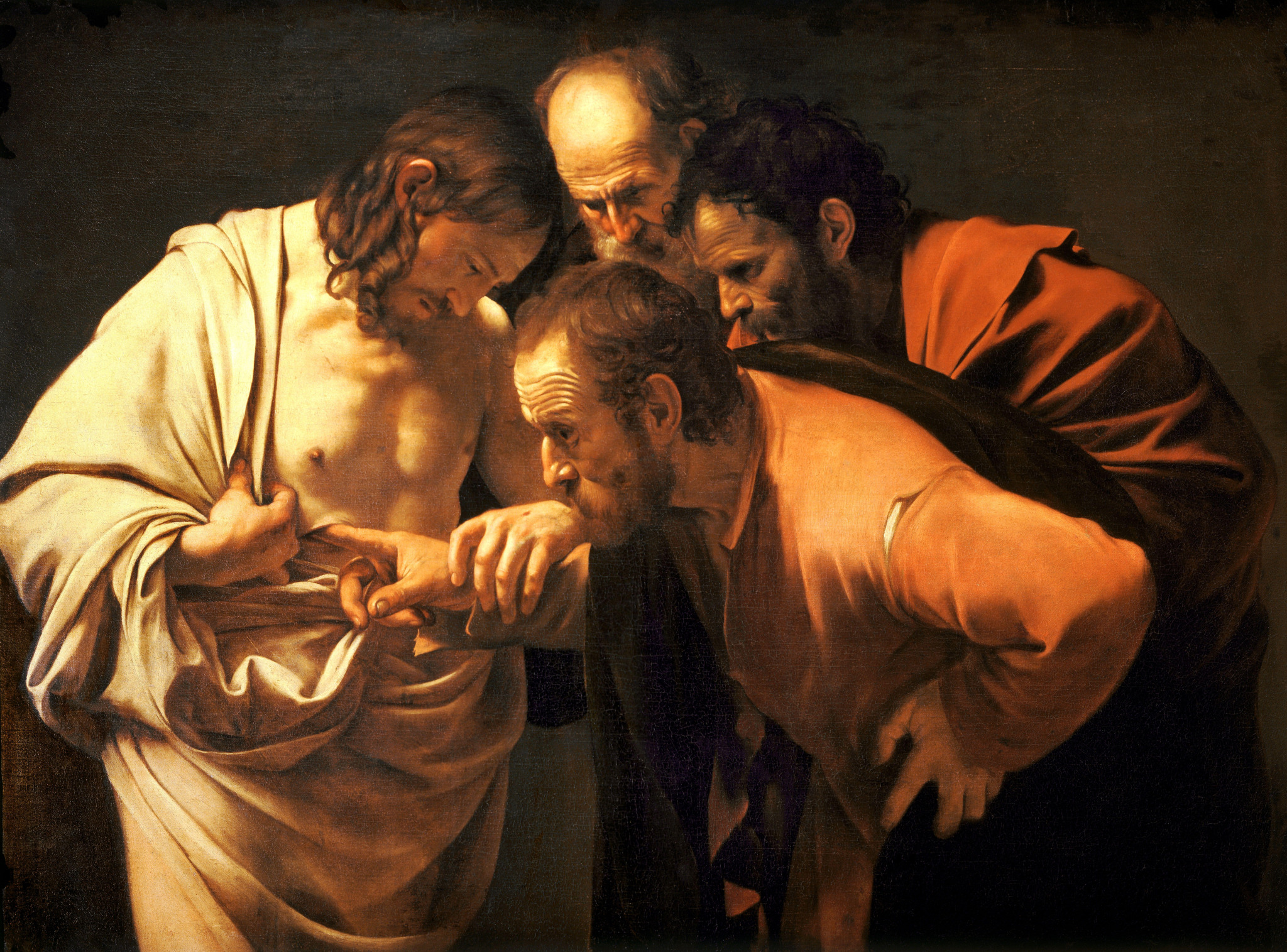 Tomé examina a ferida no lado de Jesus ressuscitado, em pintura de Caravaggio de cerca de 1601-1602.