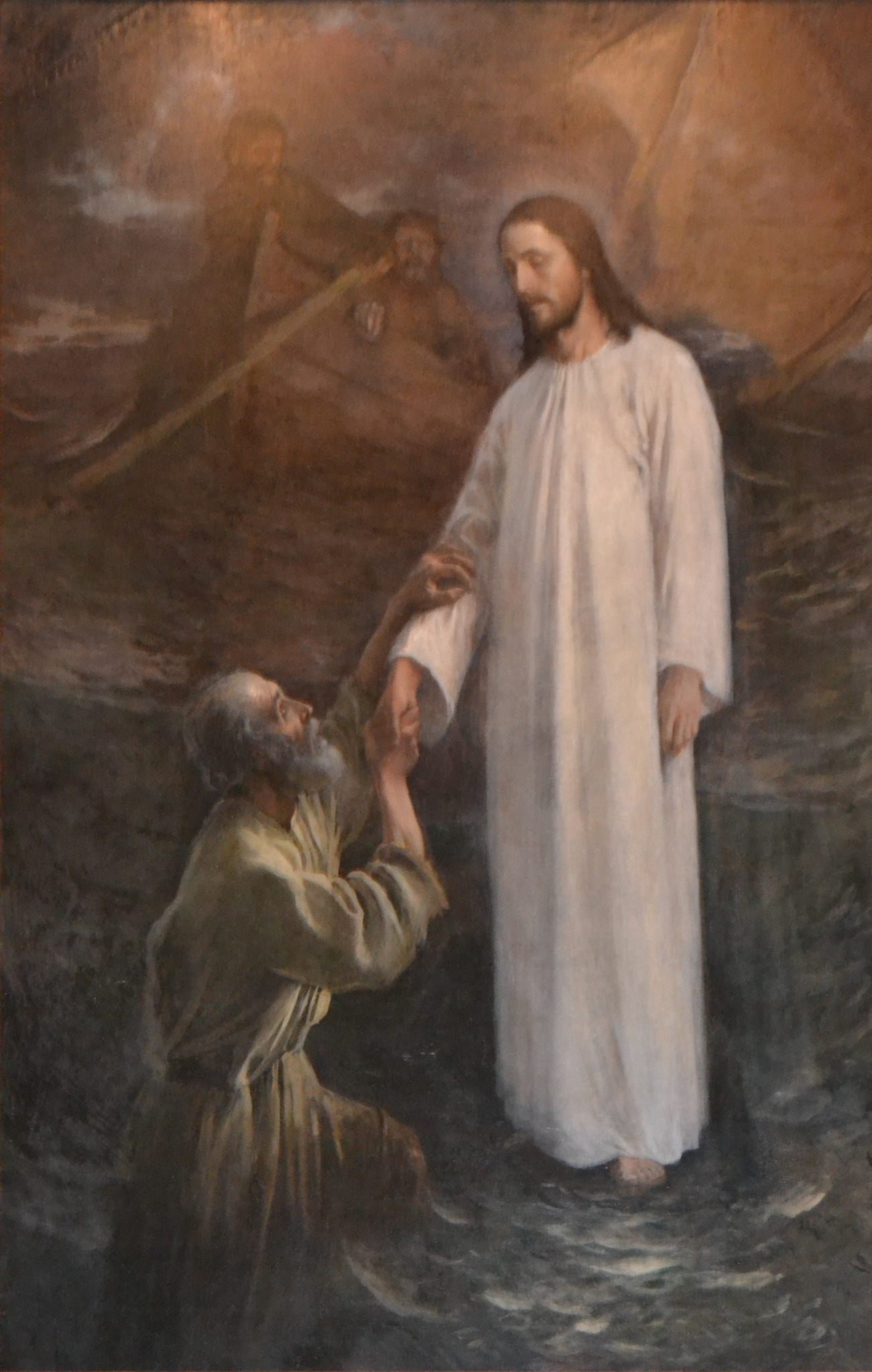 Pedro ajoelhado nas águas segura a mão de figura em branco, em pintura de Eero Järnefelt de 1892.