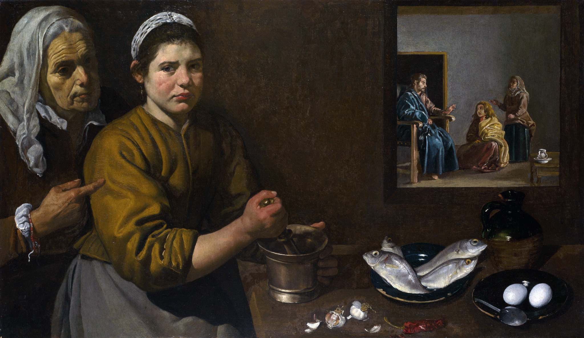Mulher trabalha na cozinha enquanto, ao fundo, Jesus visita Marta e Maria, em pintura de Diego Velázquez, 1618.