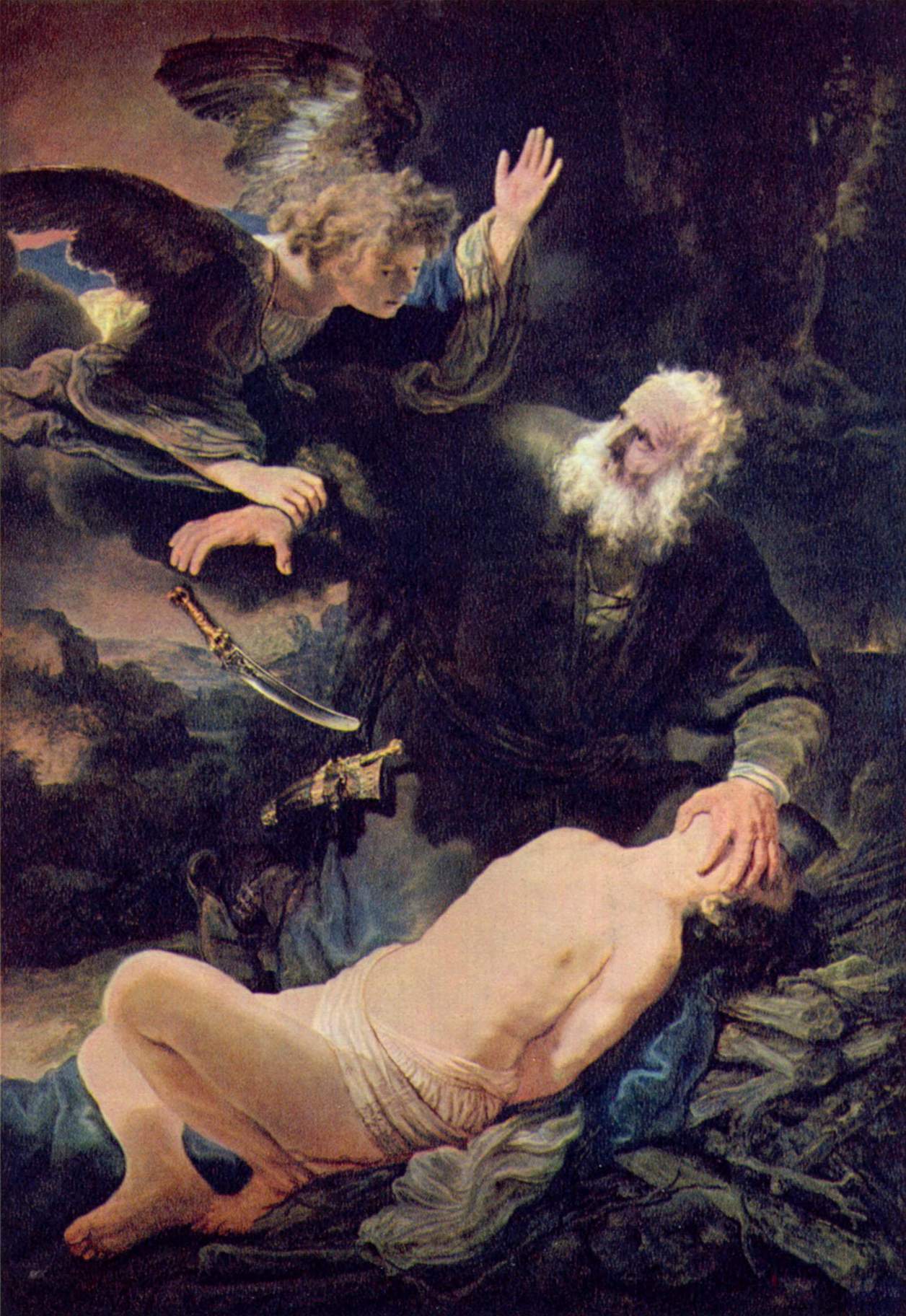 Abraão prestes a sacrificar Isaque é interrompido por um anjo, em famosa pintura de Rembrandt, 1635.