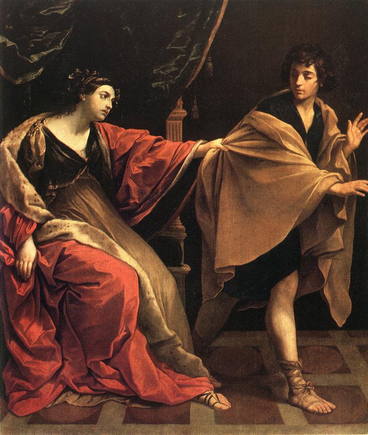 José foge da esposa de Potifar, que segura seu manto, em pintura de Guido Reni de 1631.
