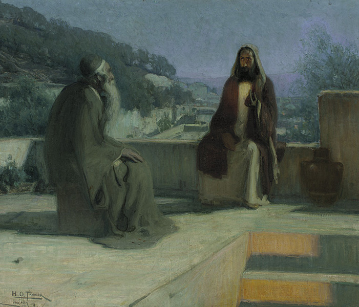 Dois homens conversam num terraço ao entardecer, em pintura de Henry Ossawa Tanner representando o encontro de Nicodemos com Jesus.