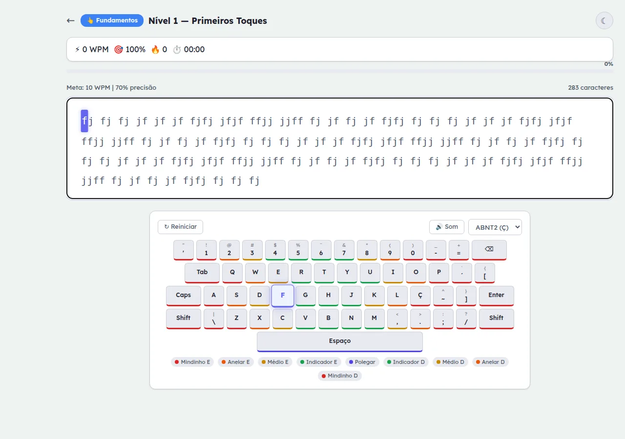 Tela de exercício com teclado virtual ABNT2 destacando a próxima tecla e indicadores de WPM, precisão e combo