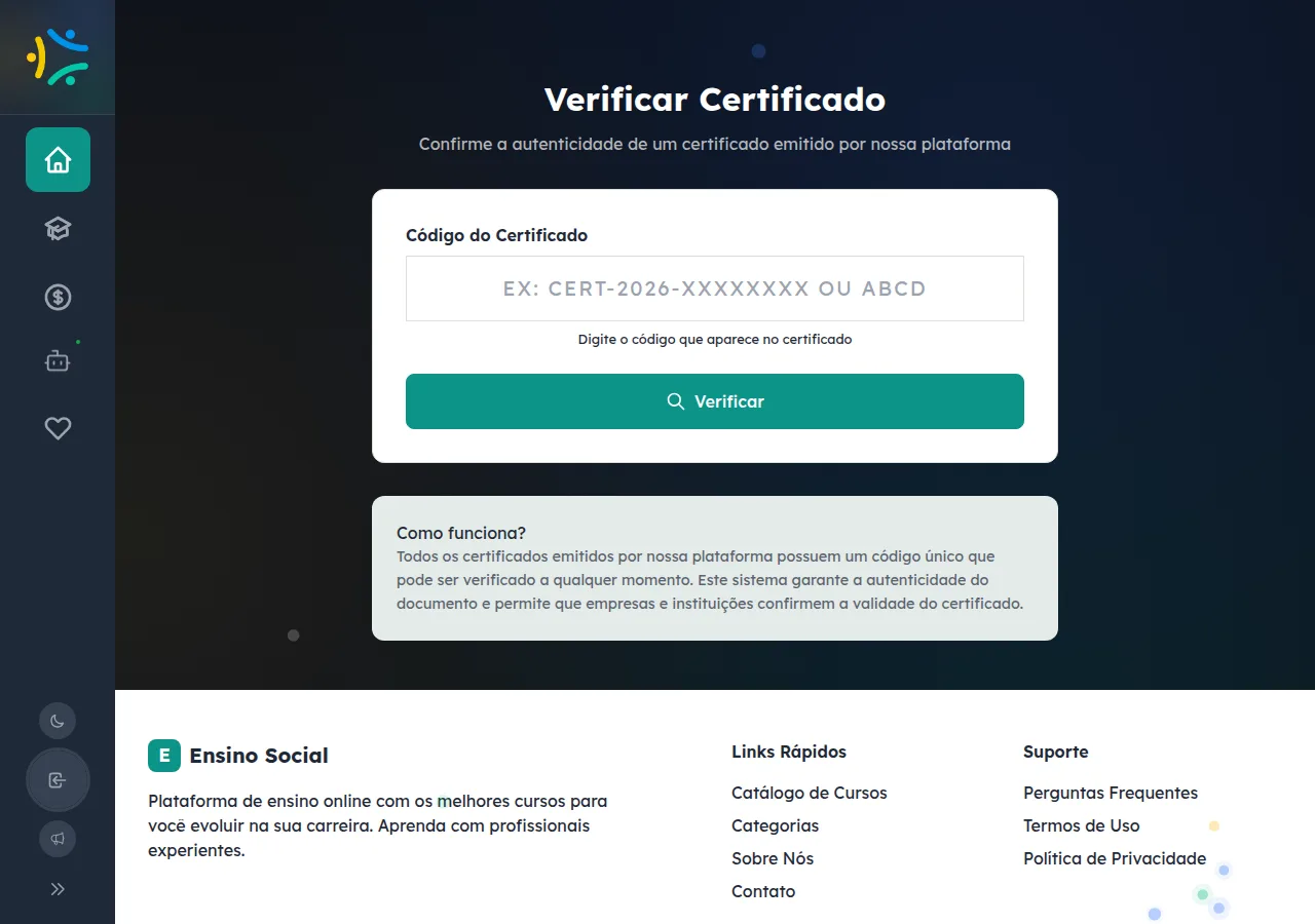 Página pública Verificar Certificado, com campo para digitar o código do certificado