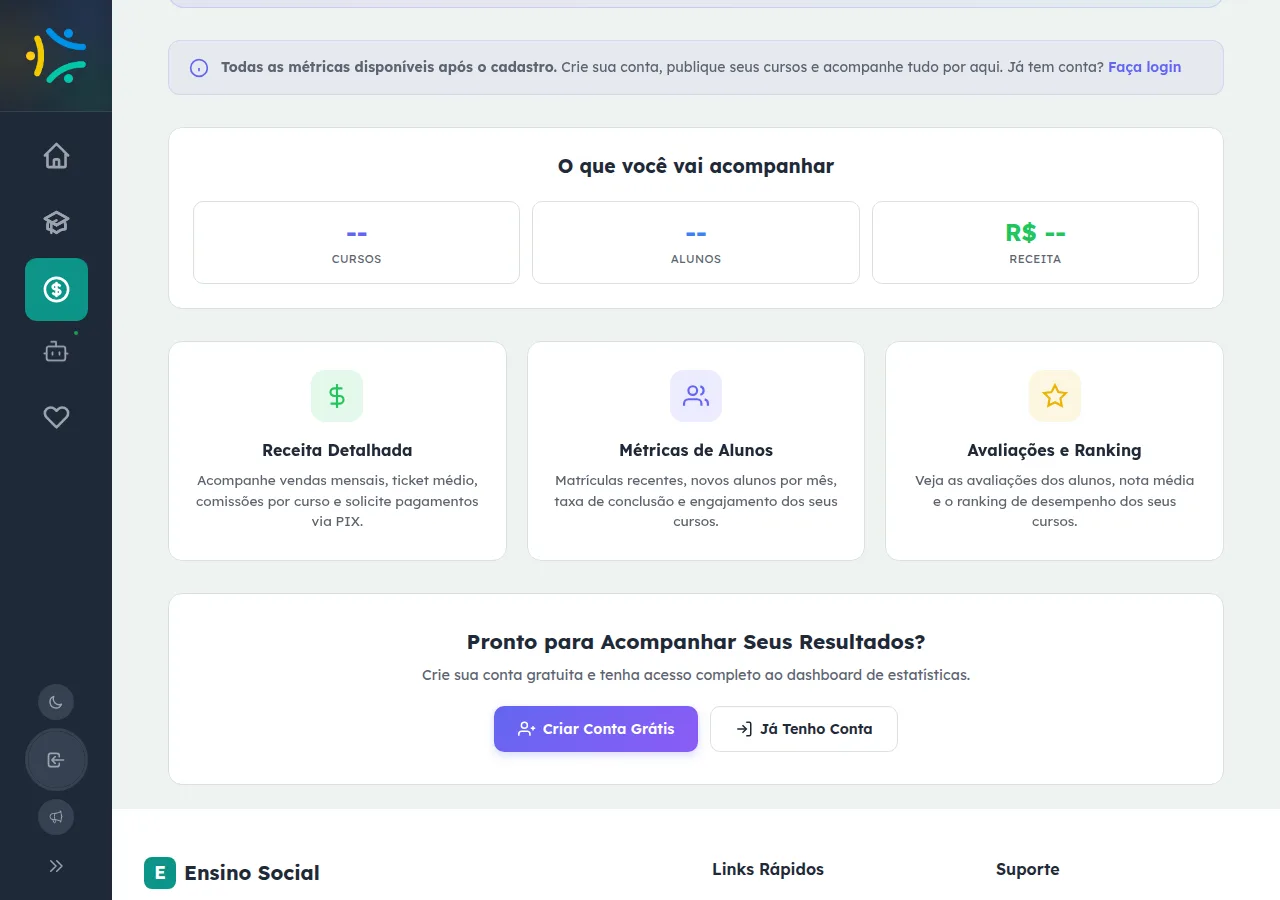 Painel de estatísticas do instrutor com cartões de receita detalhada e métricas de alunos.
