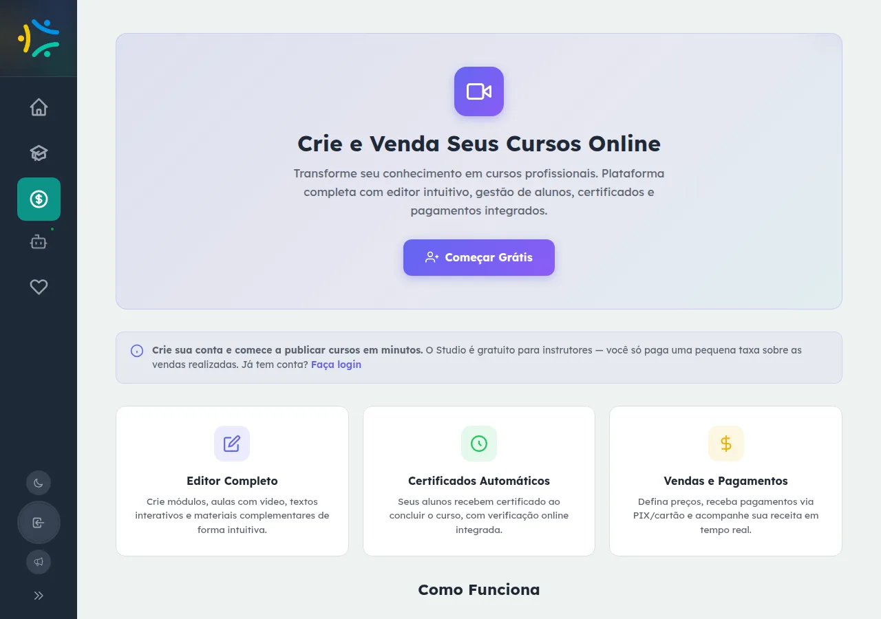 Página inicial do Studio do EnsinoSocial com a proposta de criar e vender cursos online