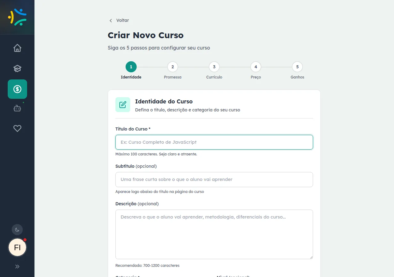 Assistente de criação de curso do Studio com as etapas Identidade, Promessa, Currículo, Preço e Ganhos