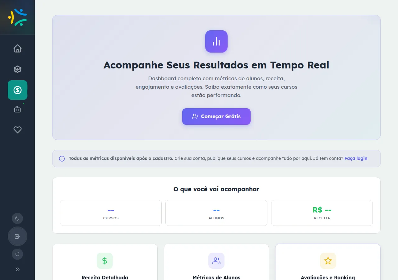 Painel de estatísticas do instrutor no Studio com métricas de alunos, receita e engajamento