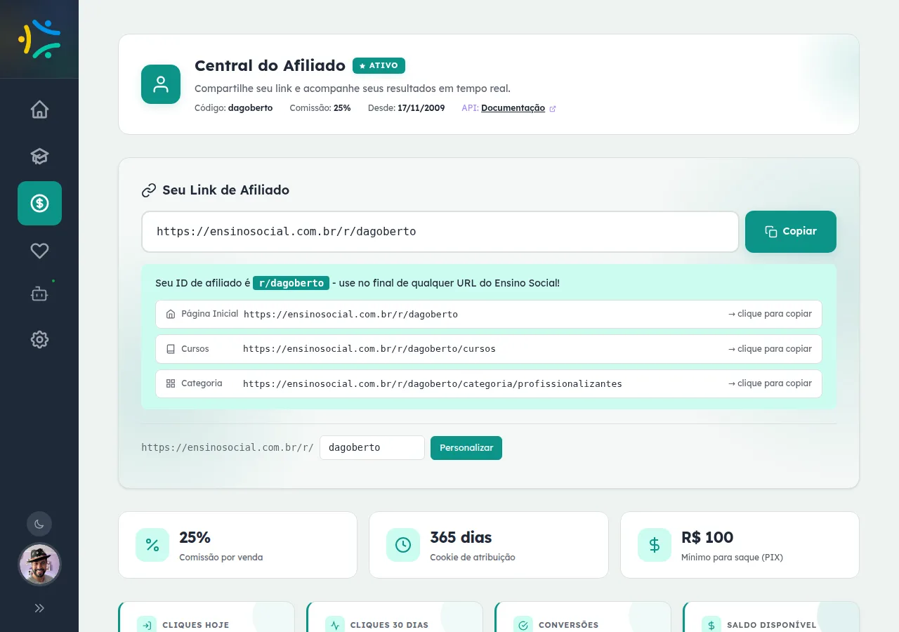 Central do Afiliado logada com link exclusivo, botão de copiar e quatro cards de estatísticas