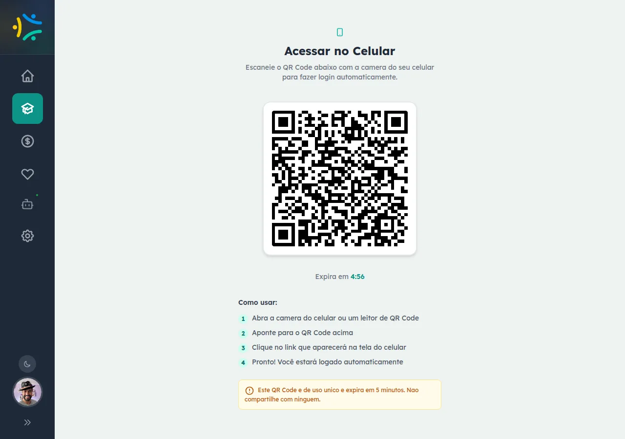 Tela 'Acessar no Celular' com QR Code grande centralizado, cronômetro 'Expira em 4:56', a lista dos quatro passos de uso e um aviso em amarelo informando que o código é de uso único e expira em cinco minutos.