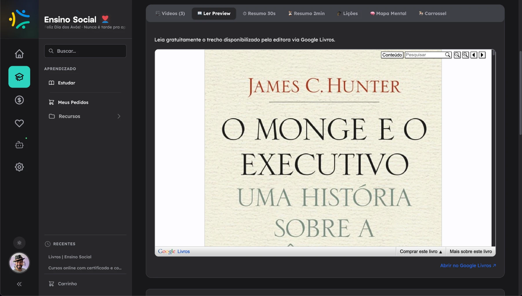 Tela do Ensino Social na aba 'Ler Preview' do livro O Monge e o Executivo de James C. Hunter, com leitor de preview integrado via Google Livros mostrando a página de rosto da obra.