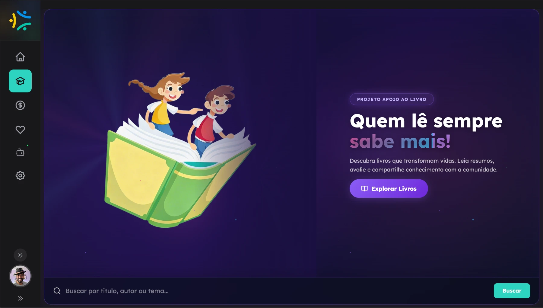 Hero banner do Projeto Apoio ao Livro com fundo roxo escuro e estrelas, ilustração de duas crianças sobre um livro aberto voador, título 'Quem lê sempre sabe mais!', subtexto sobre descobrir livros que transformam vidas e botão 'Explorar Livros', com barra de busca na parte inferior.