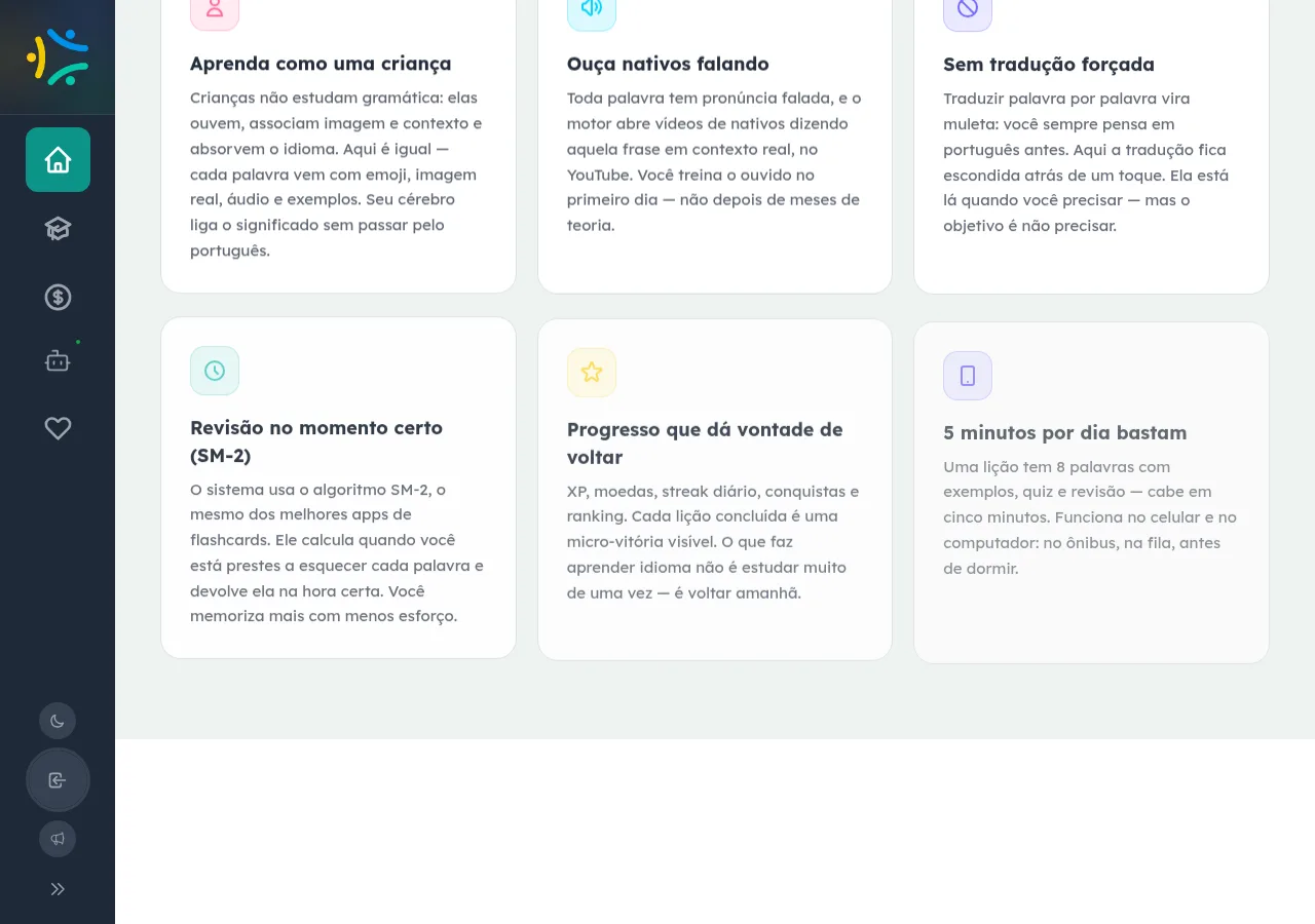 Página inicial de Idiomas do EnsinoSocial explicando a revisão no momento certo com o algoritmo SM-2