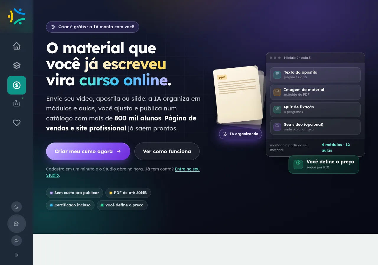 Página do Studio do EnsinoSocial destacando que criar é grátis e você define o preço, sem custo para publicar.