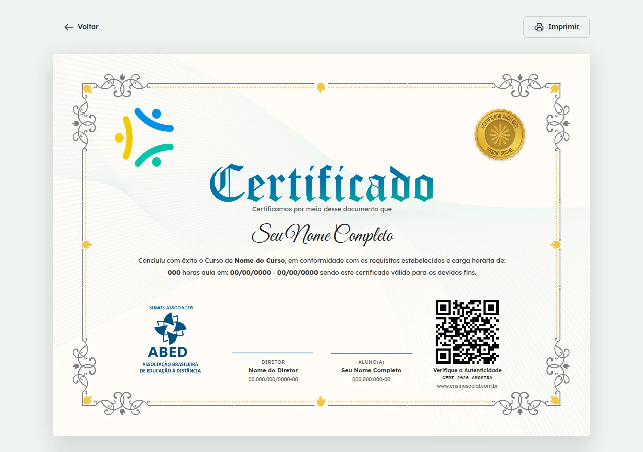 Modelo de certificado com nome do aluno, curso, carga horária e QR code de verificação