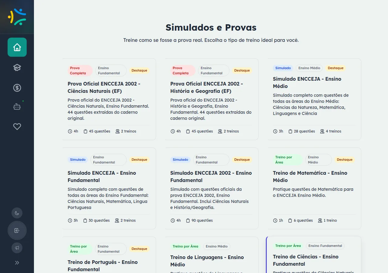 Lista de simulados e provas do ENCCEJA separados por tipo de treino, com duração e total de questões em cada card
