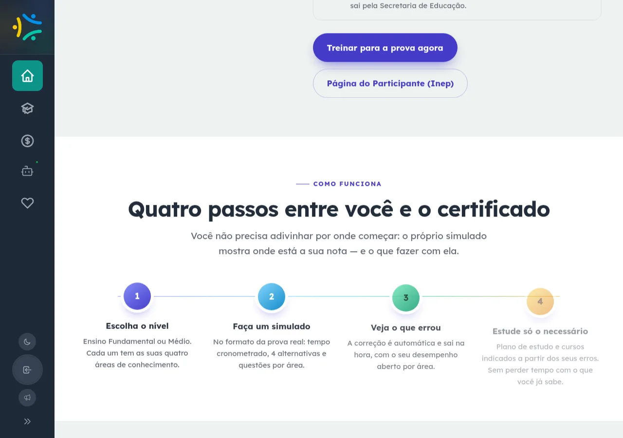 Landing do ENCCEJA com a seção 'Como funciona' em quatro passos e as áreas de conhecimento por nível