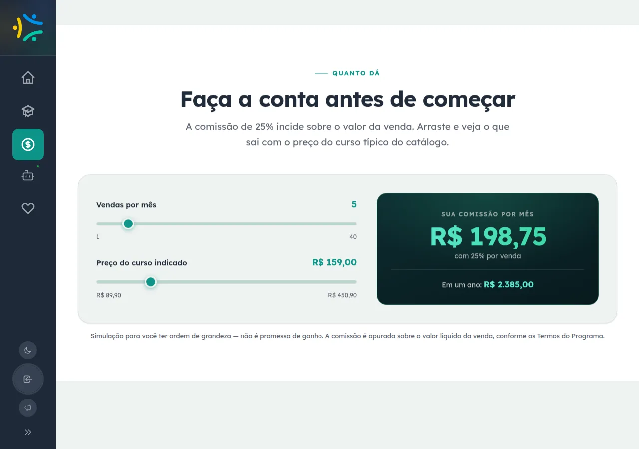 Calculadora de ganhos do Programa de Afiliados com dois sliders, um para vendas por mês e outro para o preço do curso indicado, e um painel à direita mostrando a comissão simulada no mês e no ano.