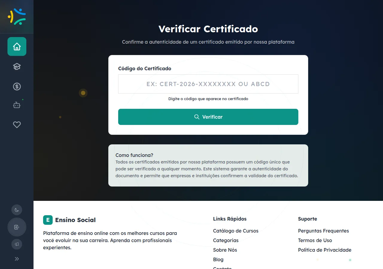 Página pública de verificação de certificados, com campo para digitar o código, botão Verificar e a explicação Como funciona.