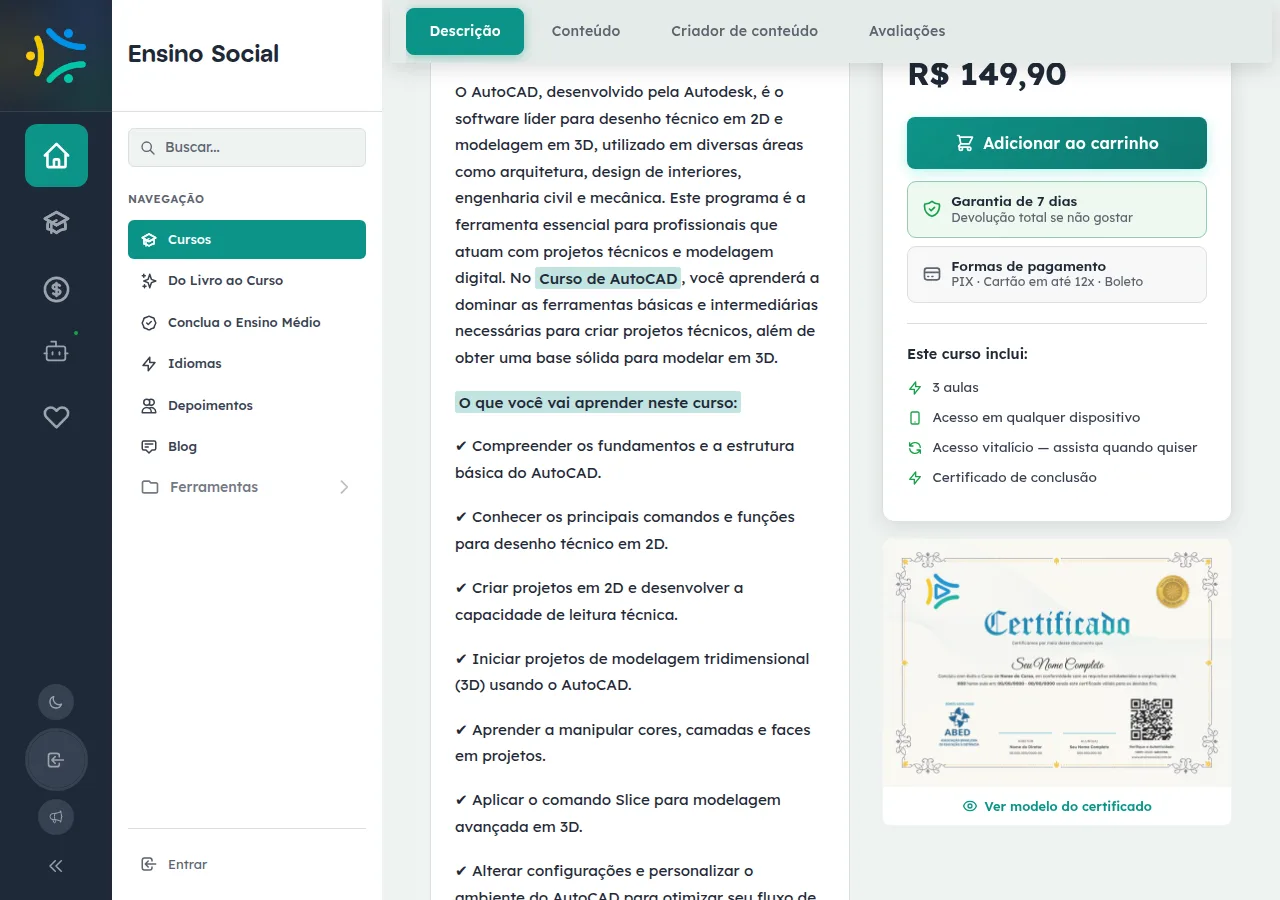 Página do Curso de AutoCAD no EnsinoSocial, com a mesma estrutura pública de conteúdo e certificado.