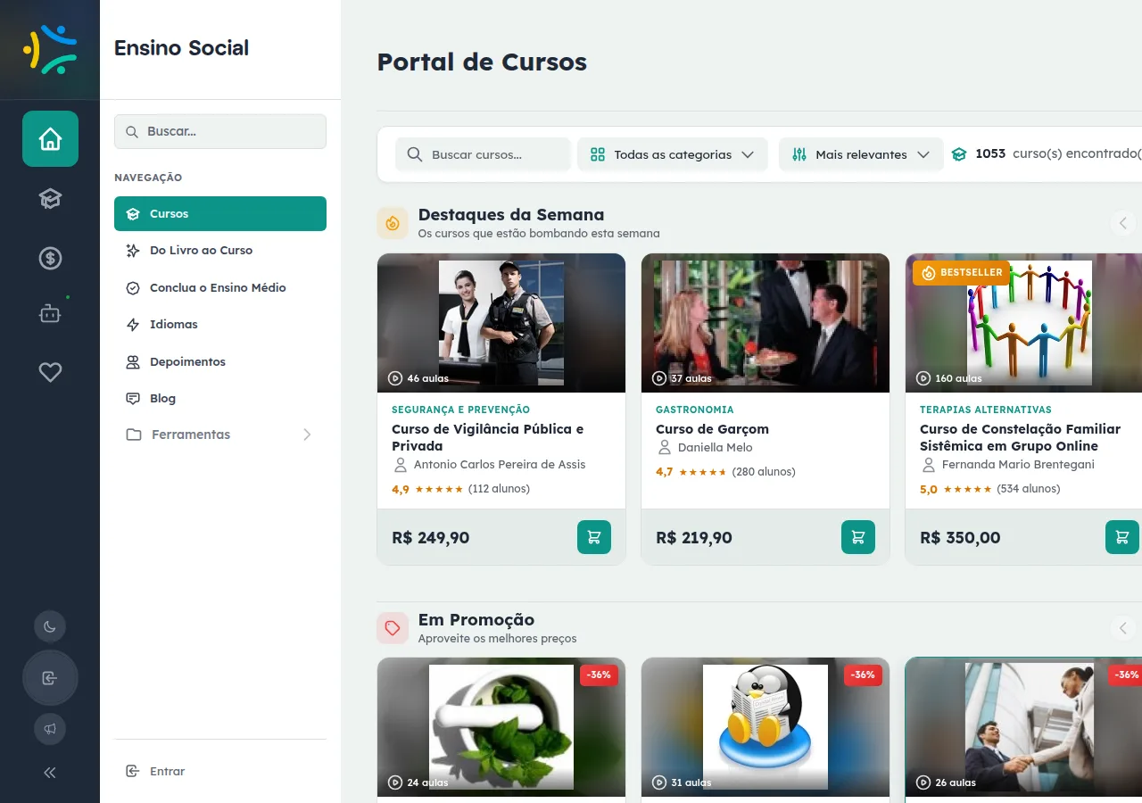 Catálogo público de cursos do EnsinoSocial, porta de entrada para as páginas de segurança privada