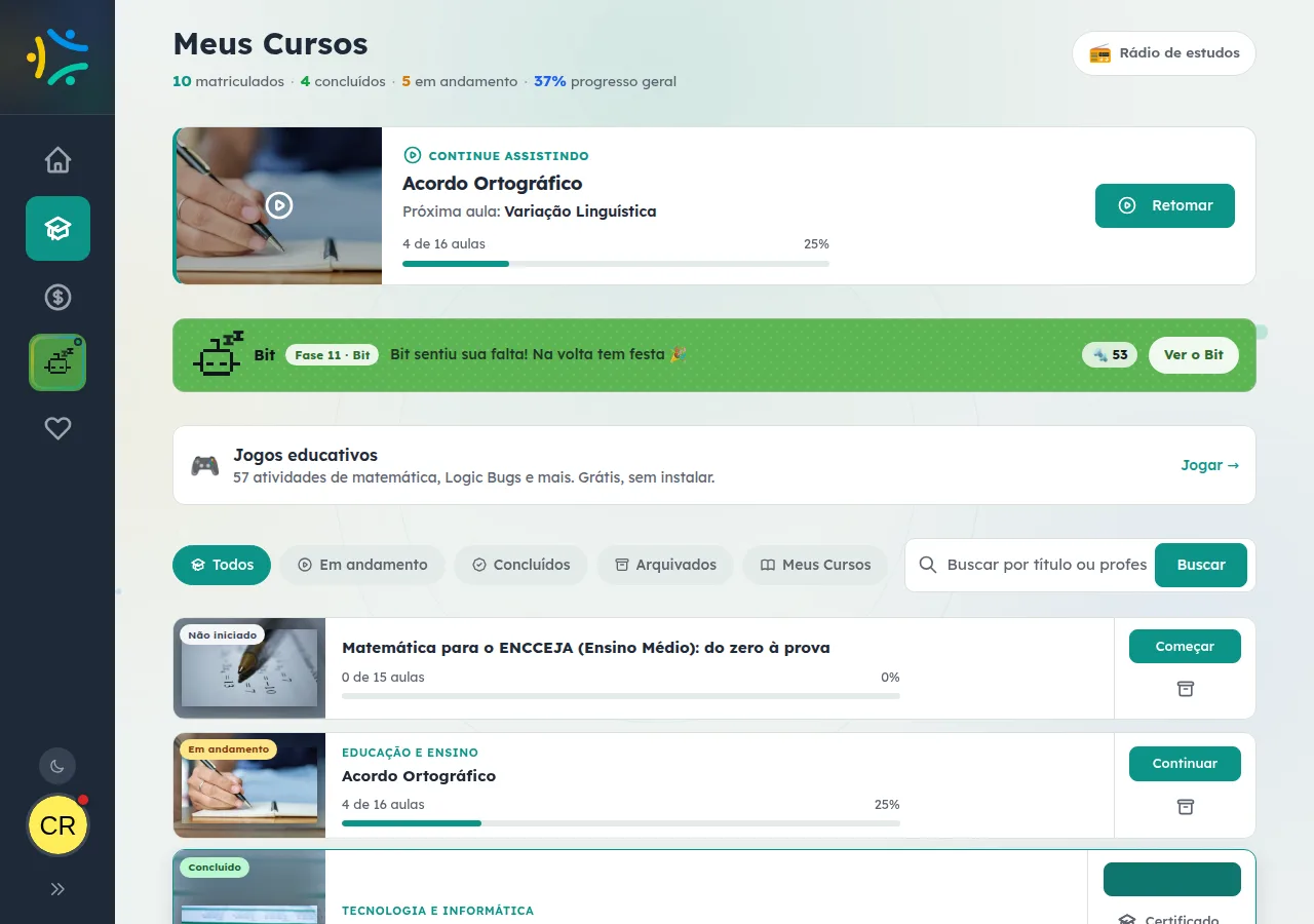 Área do aluno do Ensino Social com o atalho 'Jogos educativos' e o botão para jogar