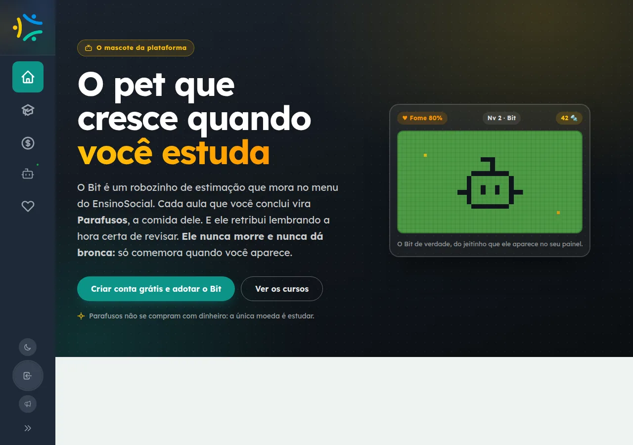Página do Bit com o mascote robô flutuando no palco e o resumo da economia de Parafusos e das fases